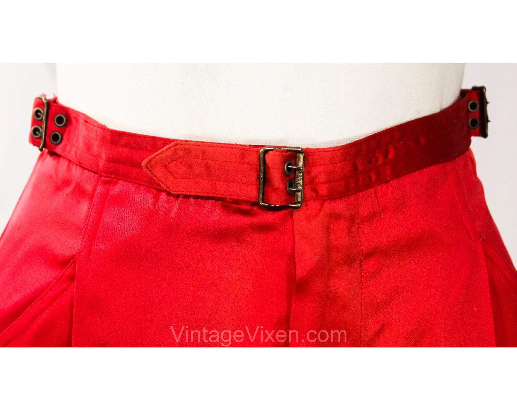 1970s Red Satin Pants - Designer YSL Yves Saint Laurent Tailored Evening Trousers - Ringmaster Red Disco Era with Metal Buckles - Waist 26.5
