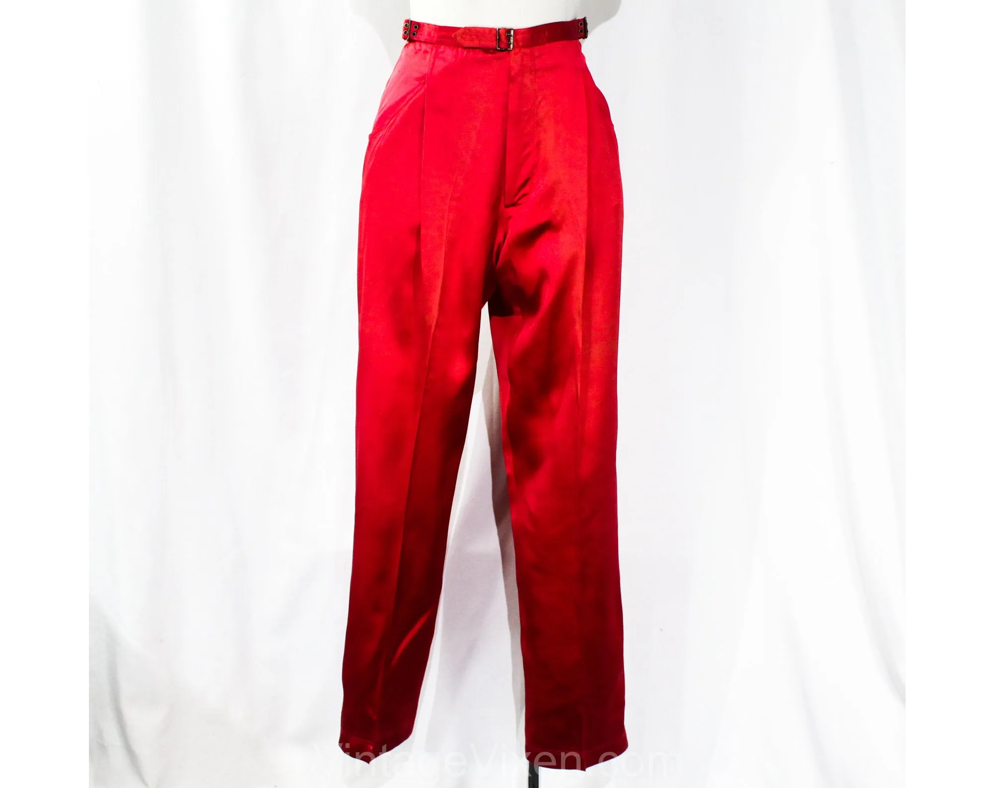 1970s Red Satin Pants - Designer YSL Yves Saint Laurent Tailored Evening Trousers - Ringmaster Red Disco Era with Metal Buckles - Waist 26.5