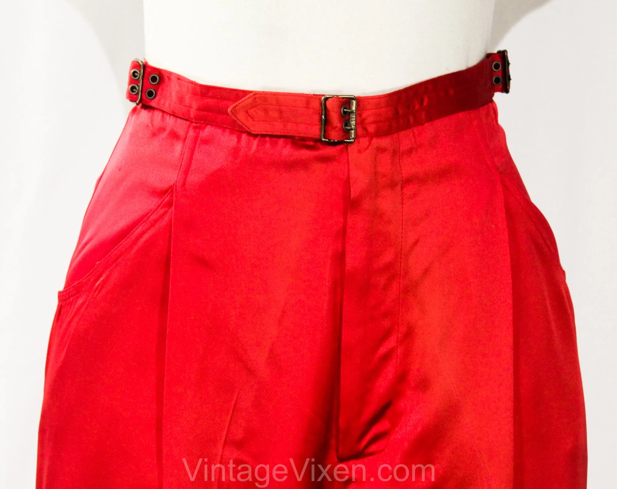 1970s Red Satin Pants - Designer YSL Yves Saint Laurent Tailored Evening Trousers - Ringmaster Red Disco Era with Metal Buckles - Waist 26.5