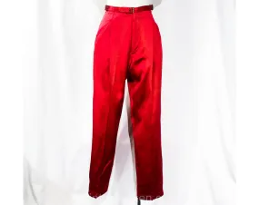 1970s Red Satin Pants - Designer YSL Yves Saint Laurent Tailored Evening Trousers - Ringmaster Red Disco Era with Metal Buckles - Waist 26.5