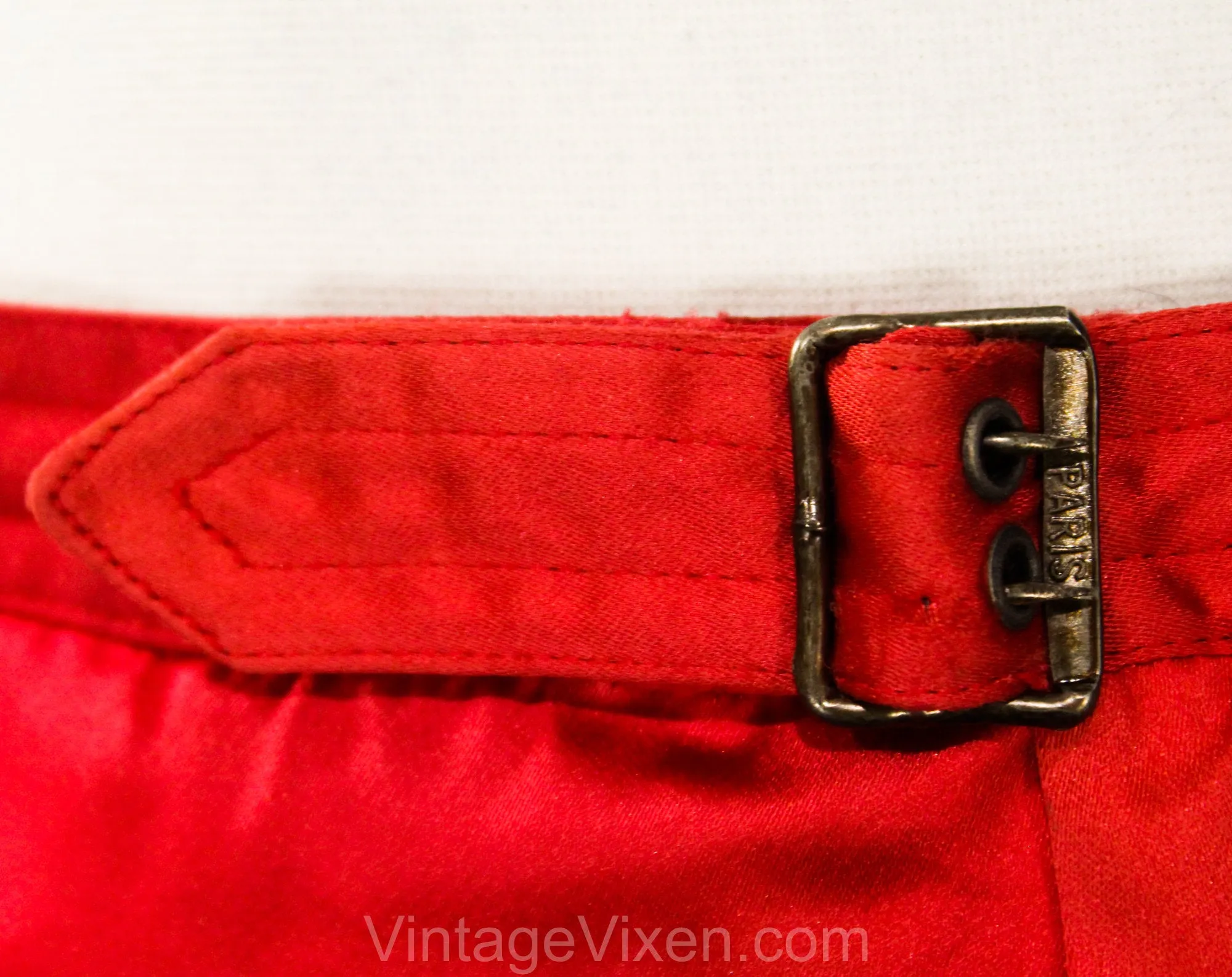 1970s Red Satin Pants - Designer YSL Yves Saint Laurent Tailored Evening Trousers - Ringmaster Red Disco Era with Metal Buckles - Waist 26.5