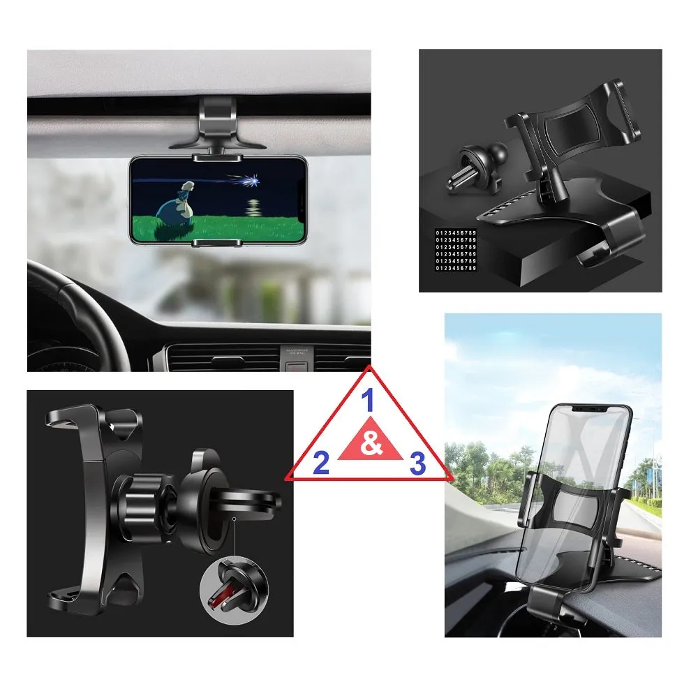 3 in 1 Car GPS Smartphone Holder: Dashboard / Visor Clamp   AC Grid Clip for Huawei Y6 II Compact - Black