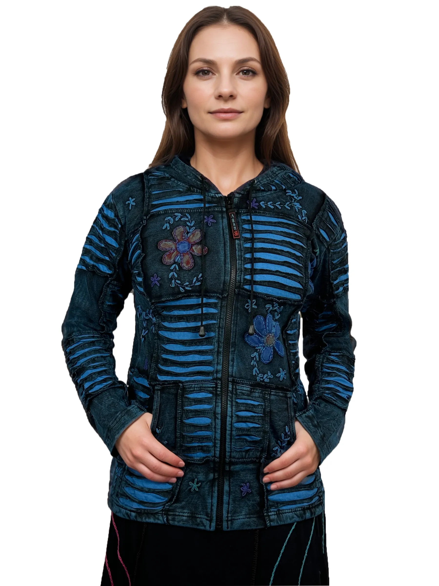 362 RJ Bohemian Knit Rib Cotton Razor Cut Funky Hoodie Sweatshirt Jacket