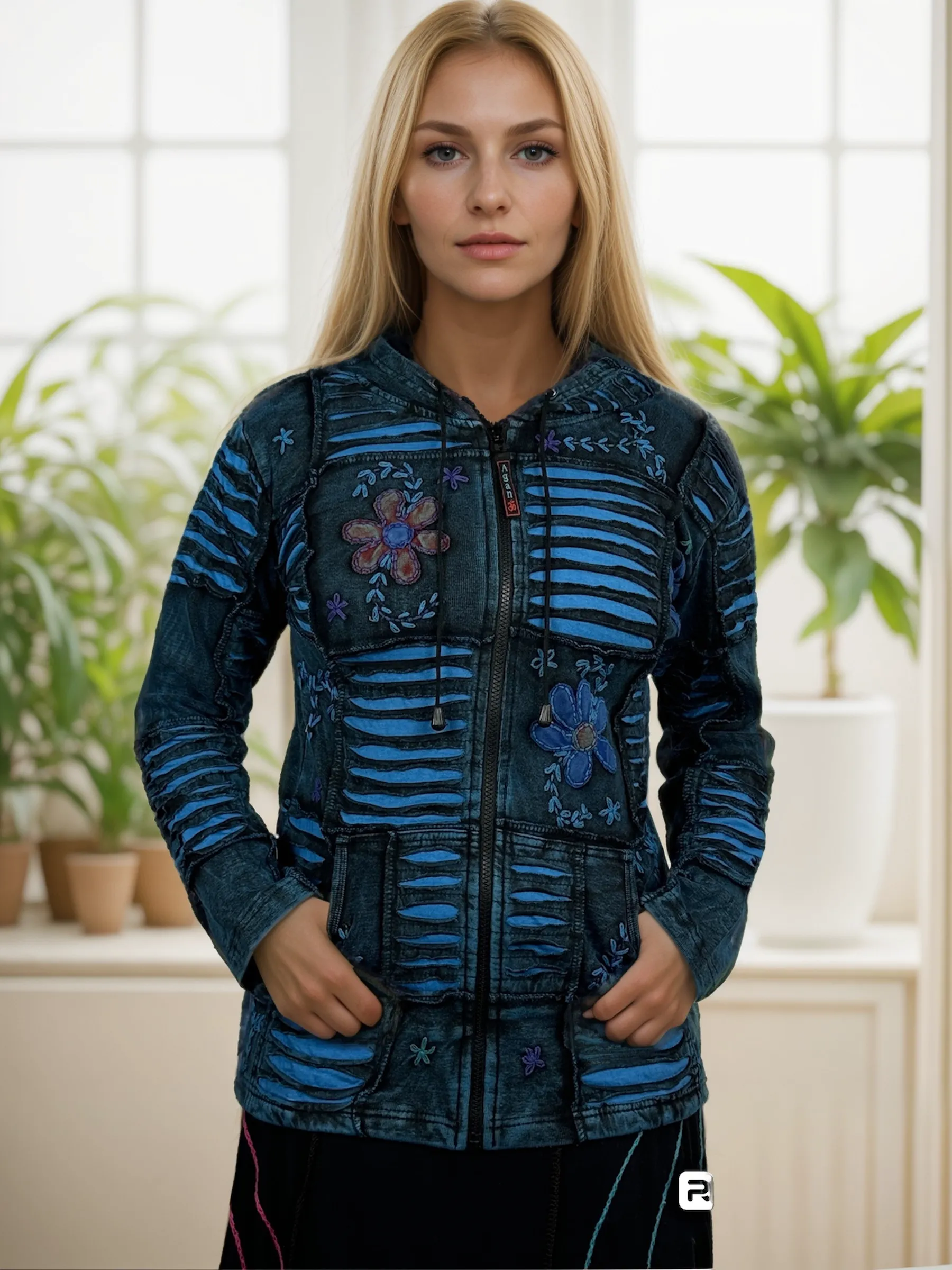 362 RJ Bohemian Knit Rib Cotton Razor Cut Funky Hoodie Sweatshirt Jacket