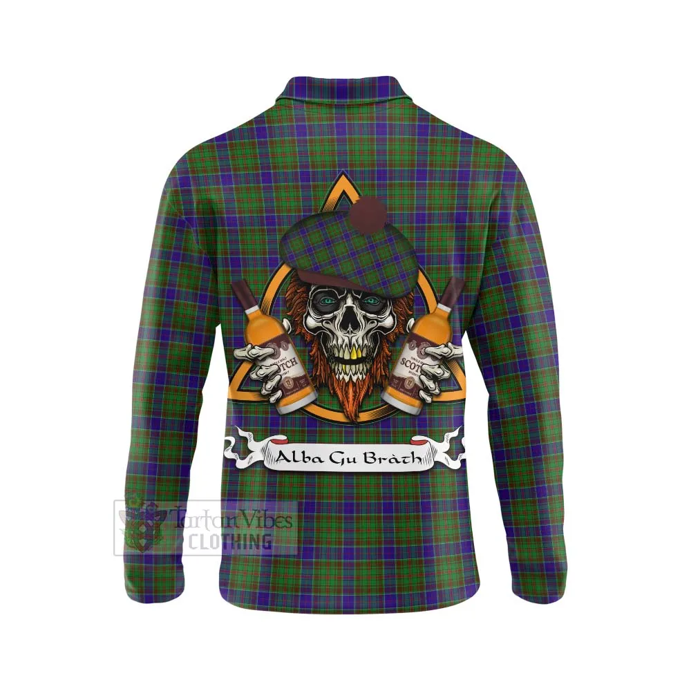 Adam Tartan Long Sleeve Polo Shirt with Family Crest and Bearded Skull Holding Bottles of Whiskey