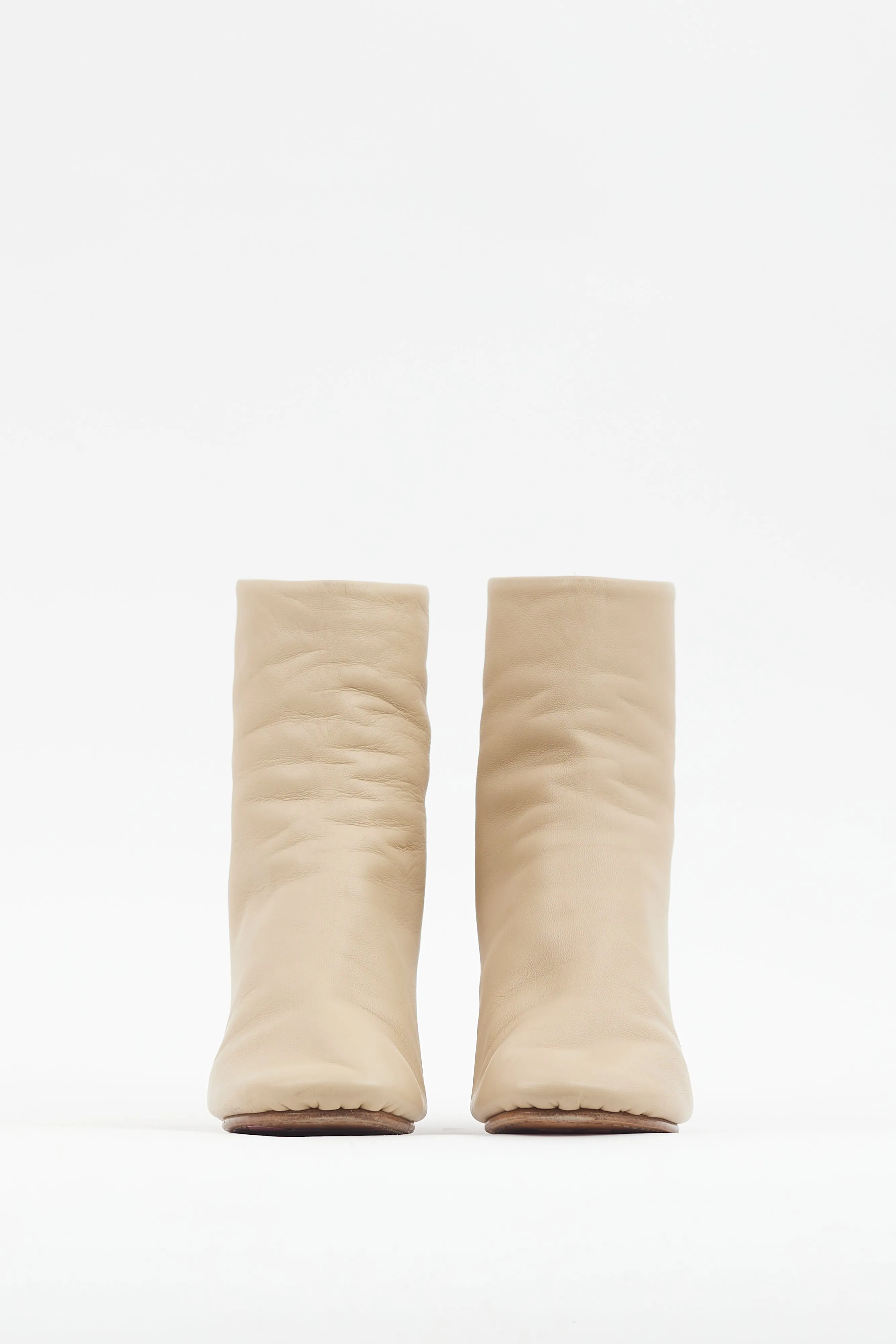 Beige & Burgundy Leather Heeled Boot