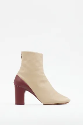 Beige & Burgundy Leather Heeled Boot