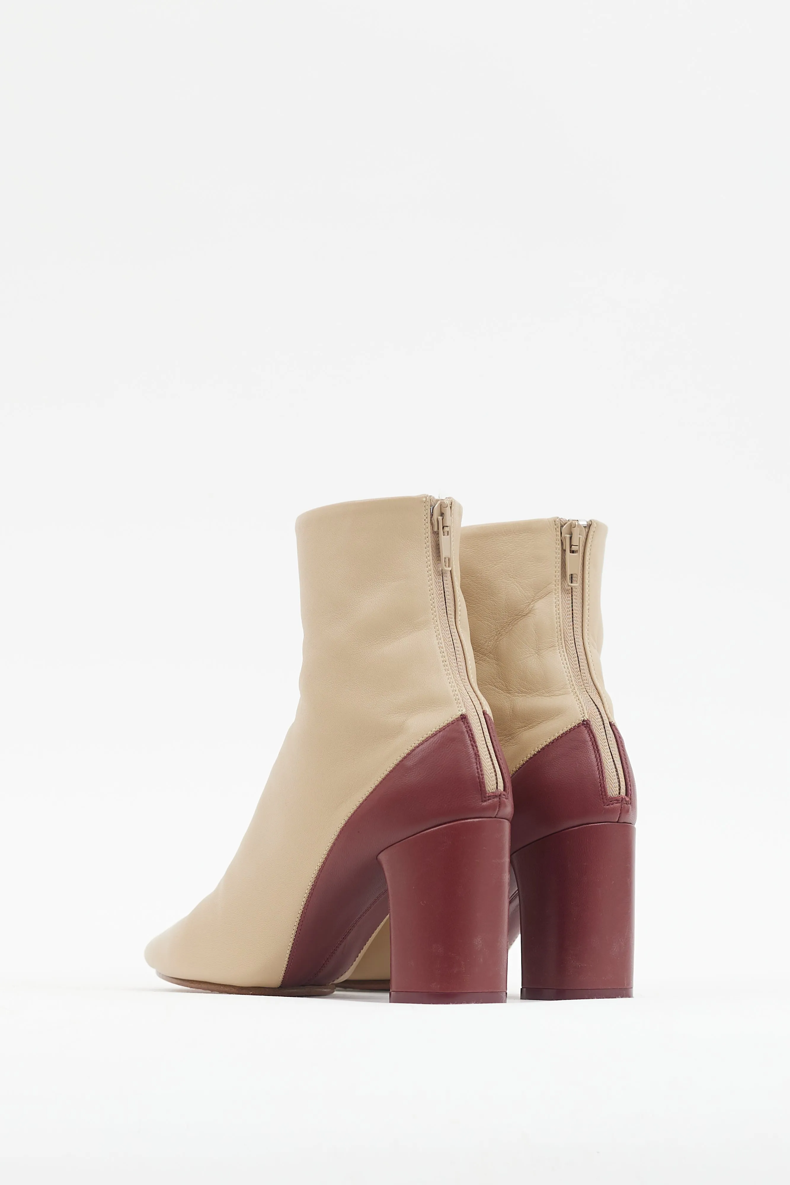 Beige & Burgundy Leather Heeled Boot