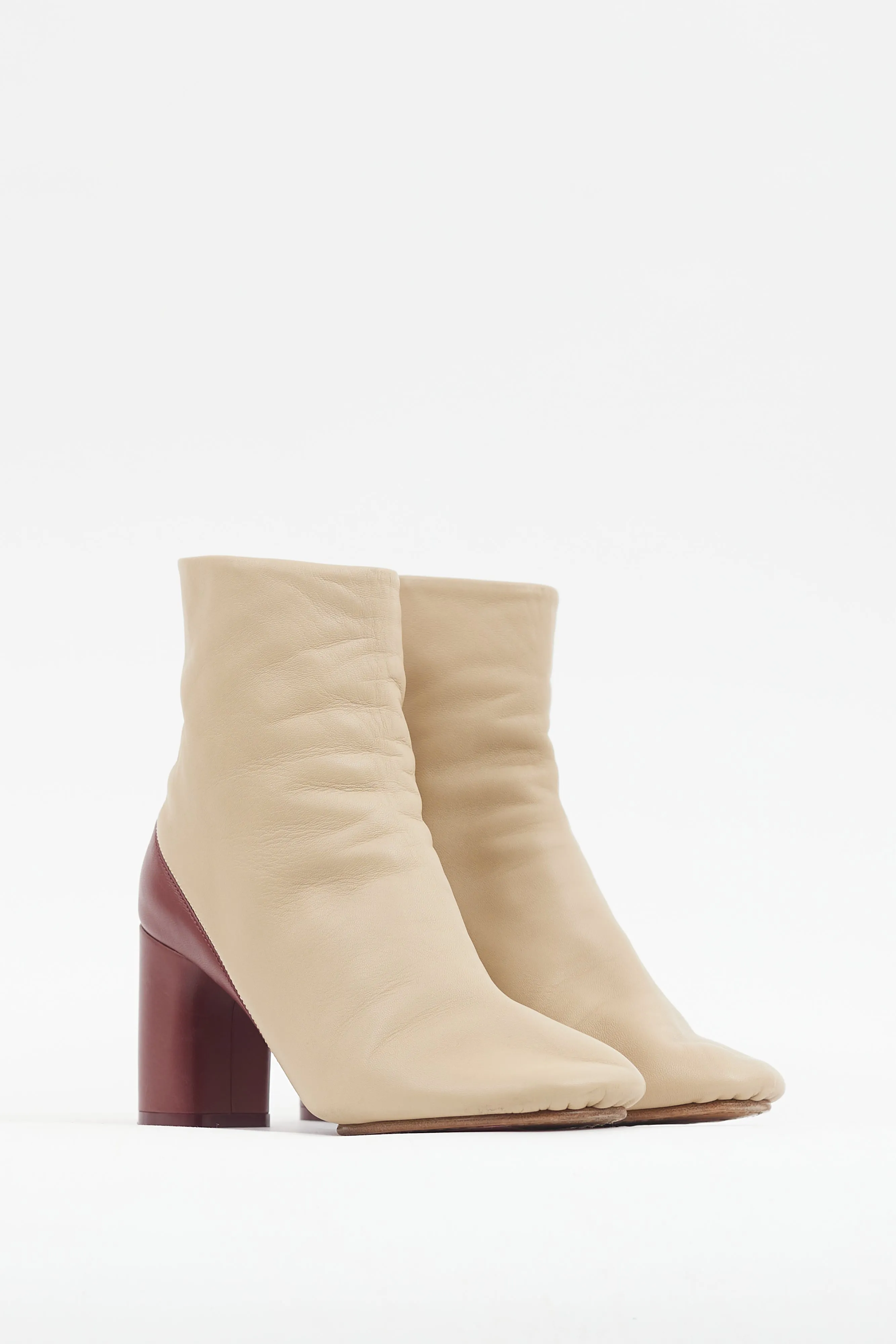Beige & Burgundy Leather Heeled Boot
