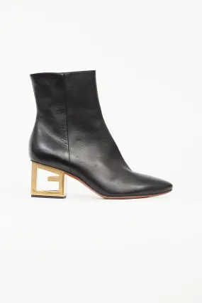Black Leather Triangle G Heeled Boot