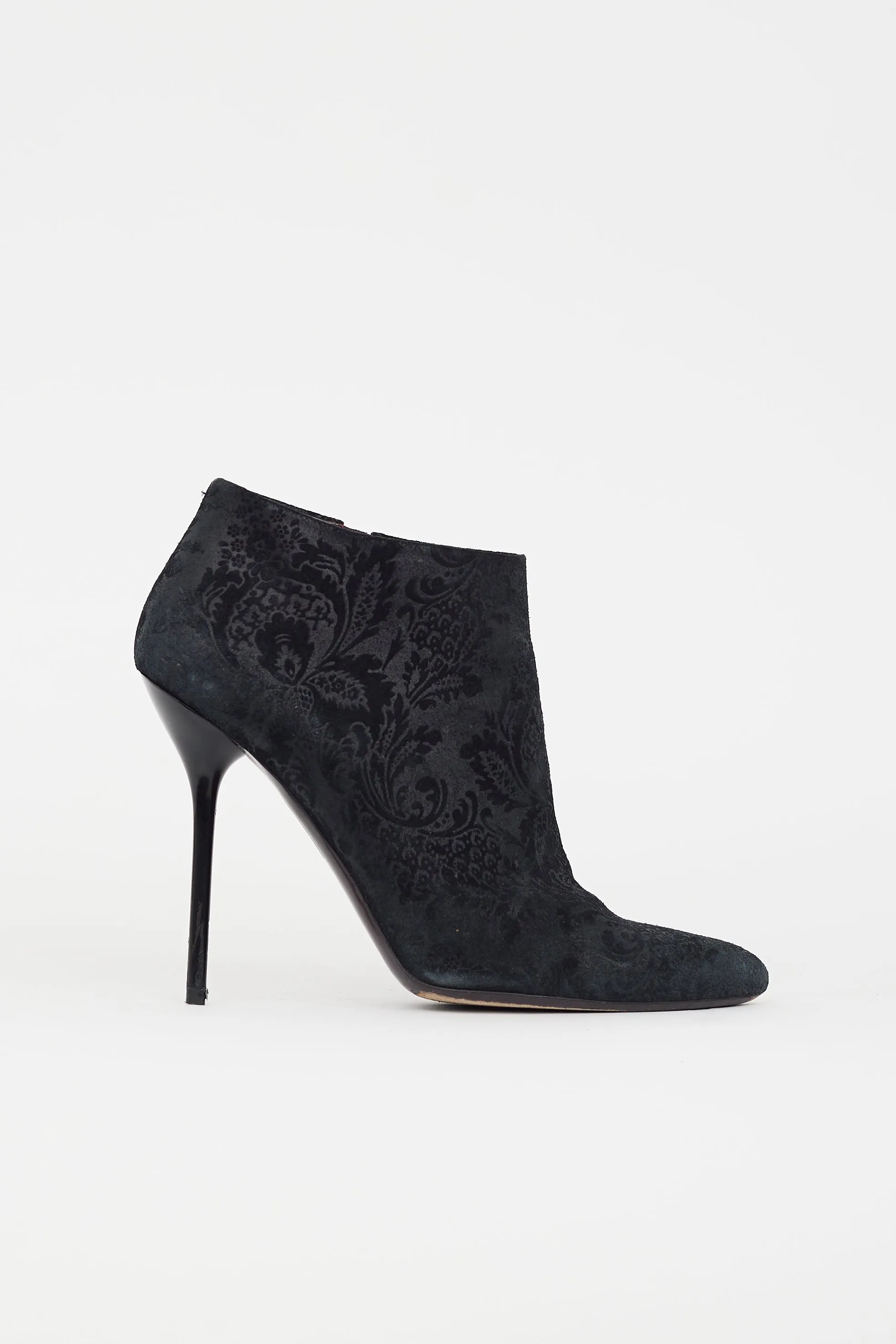 Black Suede Damask Heeled Bootie