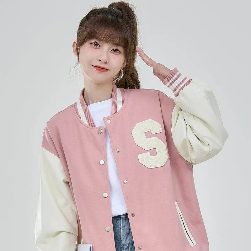 College Style Girl Hit Color Baseball Uniform Jacket