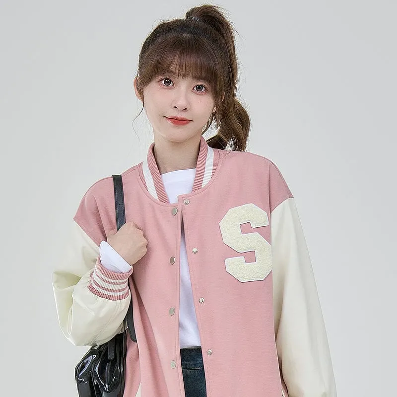 College Style Girl Hit Color Baseball Uniform Jacket