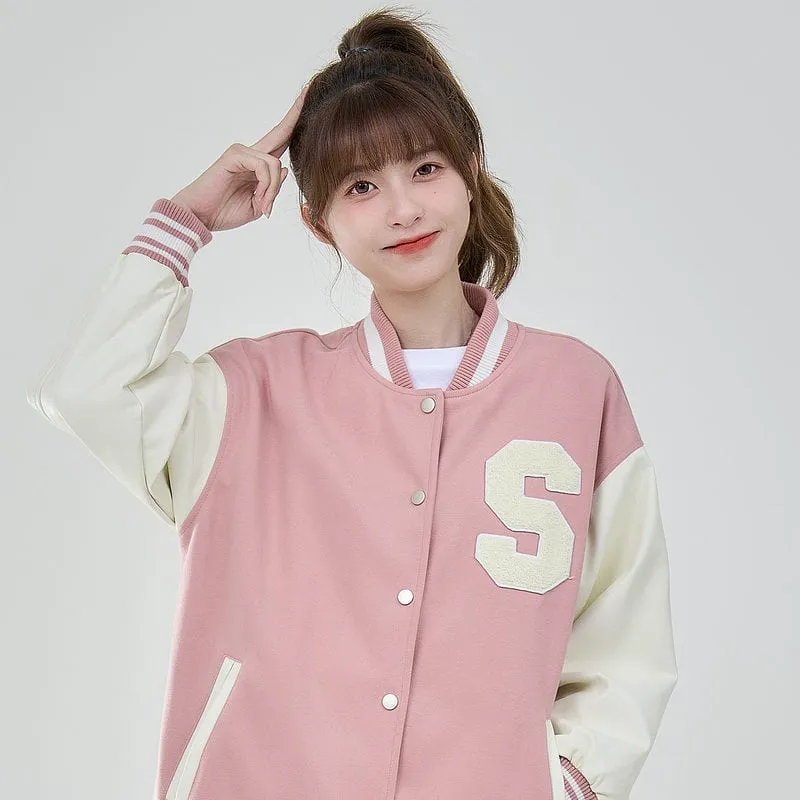 College Style Girl Hit Color Baseball Uniform Jacket