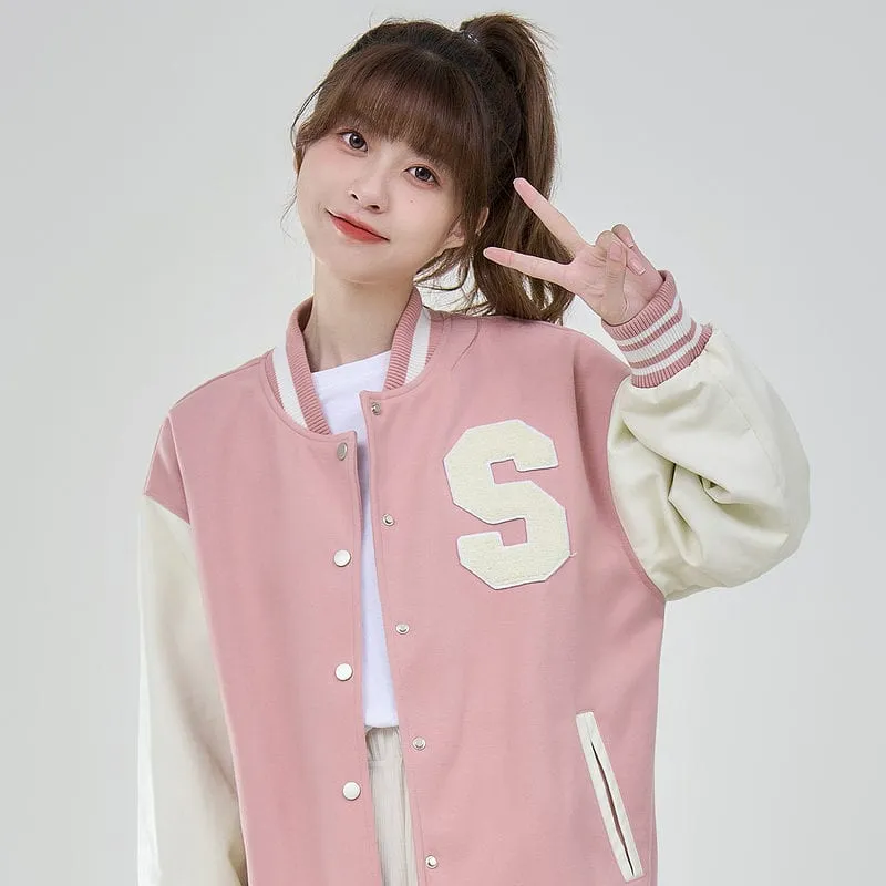 College Style Girl Hit Color Baseball Uniform Jacket