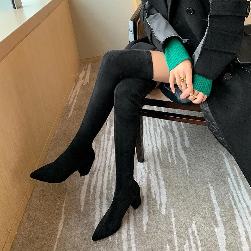 Elastic Knee-Length Suede Women’s Boots – Soft & Stylish