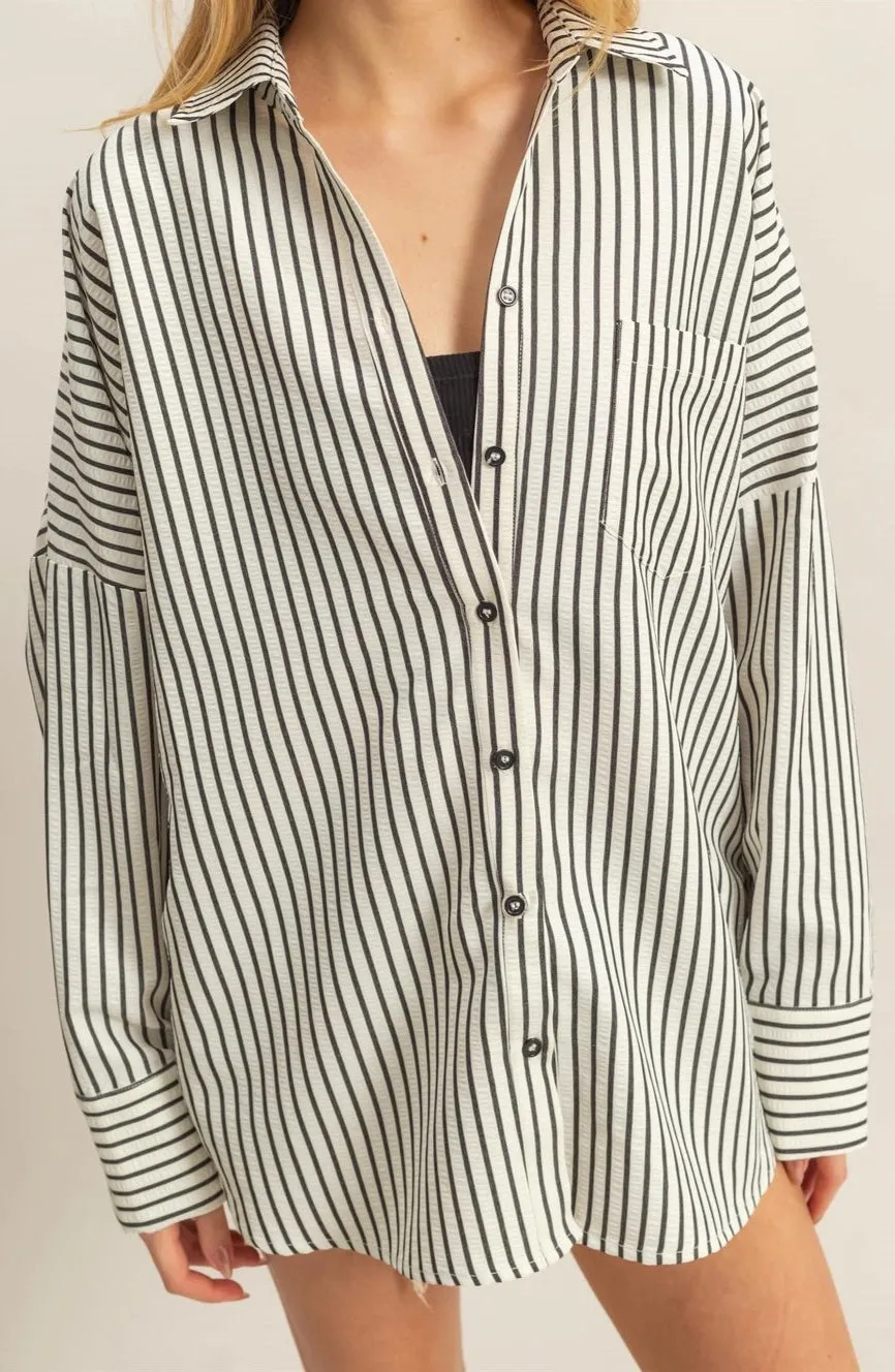 Momentum Cotton Textured Stripe Button-Up Shirt (Black/White)