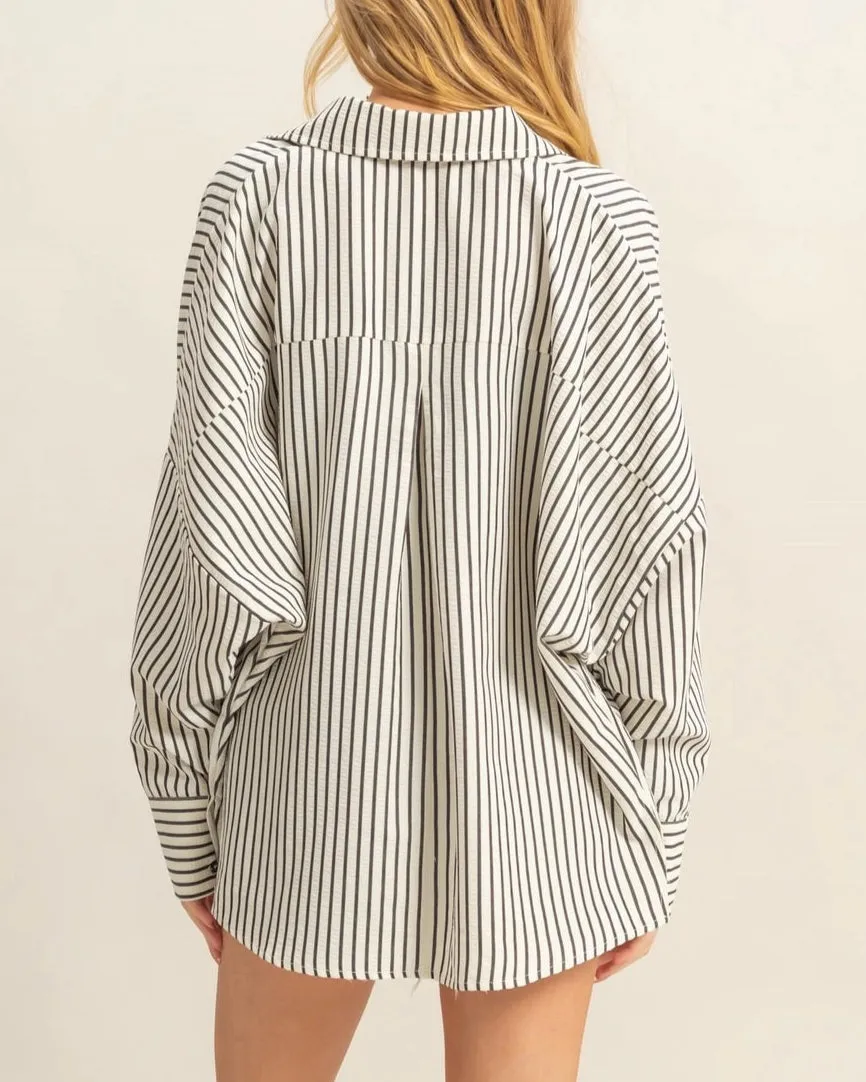Momentum Cotton Textured Stripe Button-Up Shirt (Black/White)