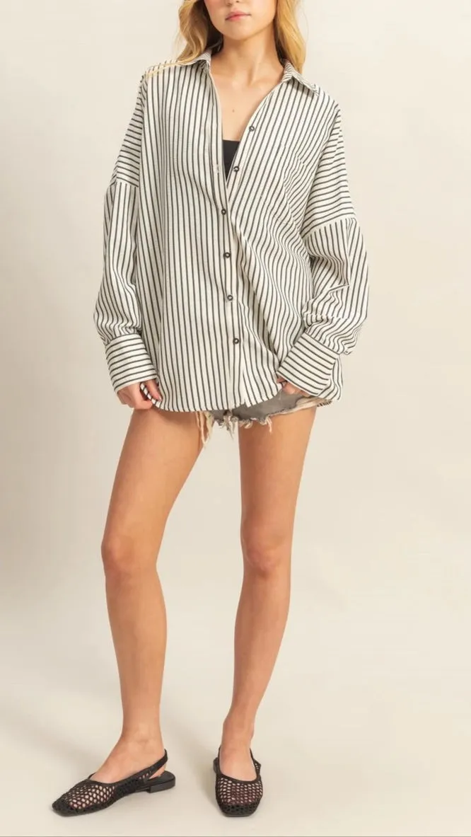 Momentum Cotton Textured Stripe Button-Up Shirt (Black/White)
