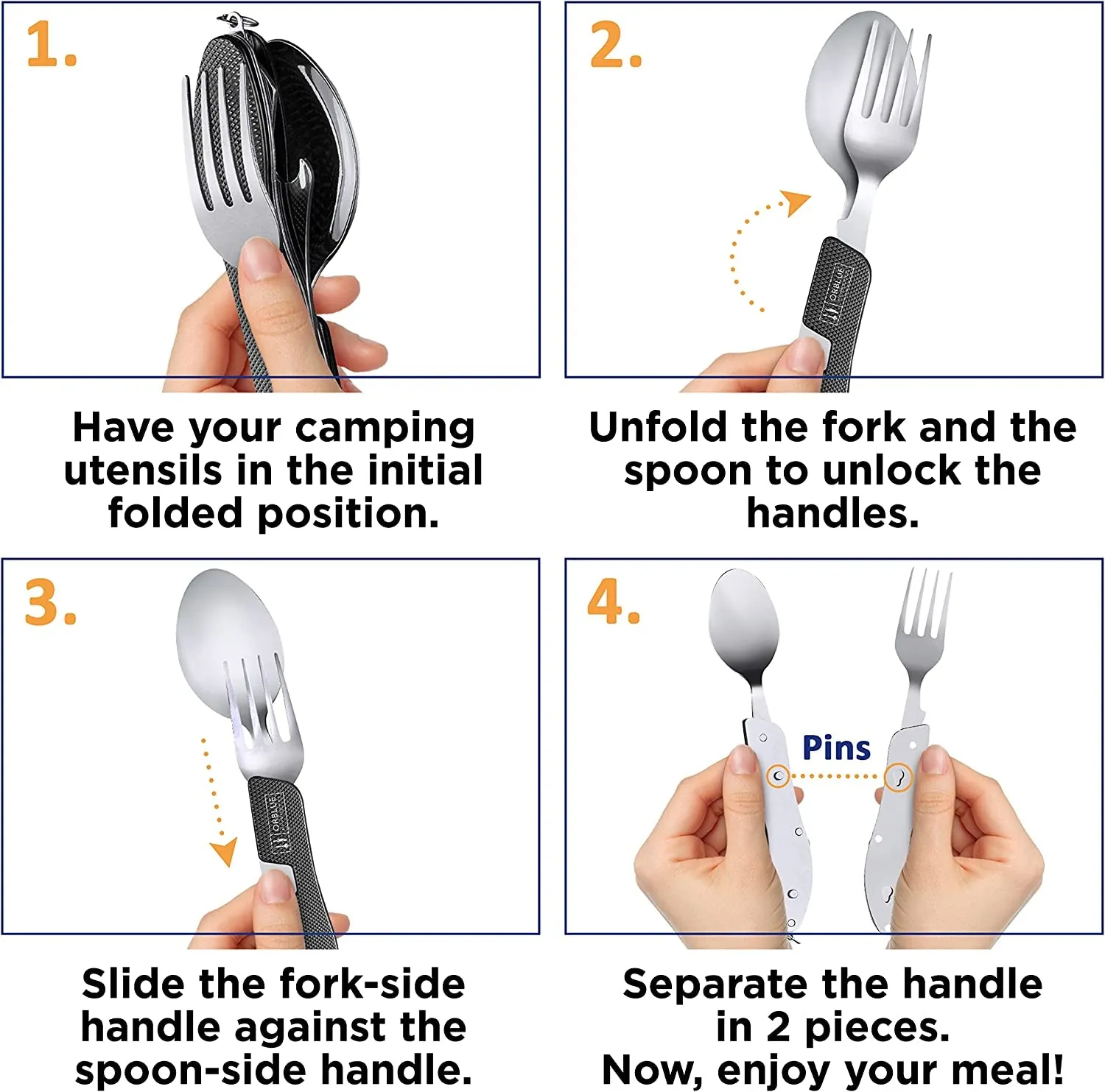 Orblue 4-in-1 Camping Utensils – Compact, Durable, Travel-Ready