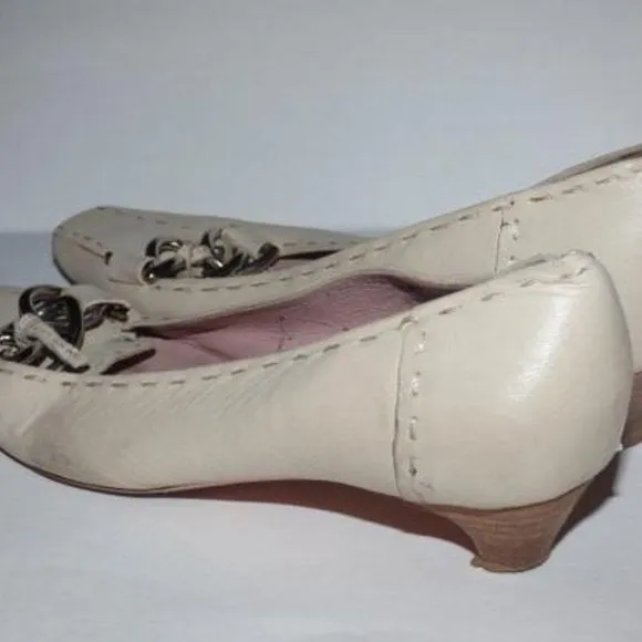Prada Ivory Squared Pointy Toe Kitten Heel with Chrome  Chain