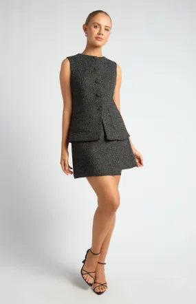 Vasila Wrap Tweed Mini Skirt - Black/White Marl