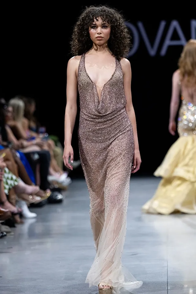 Wallen | Taupe Ombre Embellished Plunging Neck Dress | Jovani 26268