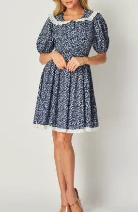 Woven Floral Short Bubble Sleeve Scoop Neck Button-Down Mini Dress with Lace Trim