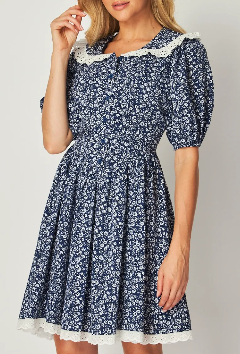 Woven Floral Short Bubble Sleeve Scoop Neck Button-Down Mini Dress with Lace Trim